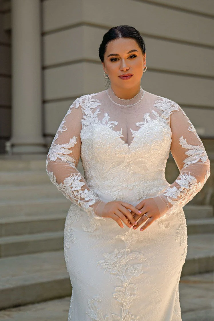 Plus Size Tulle Mermaid Wedding Dress with Long Sleeves - Long Sleeves Wedding Gown with Satin Waist Corset and Flower-Shaped Train - NARCISSA - Image 2