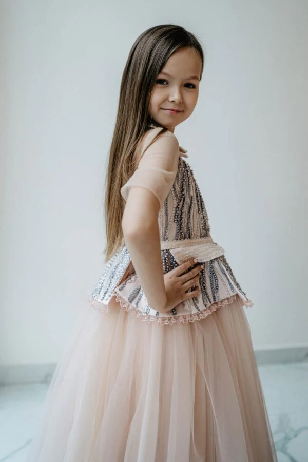Powder Pink Beaded Plus Size Girl’s Maxi Dress – Amelia Puffy Tulle Gown with Long Sleeves and Matching Hat for Special Occasions - Image 2