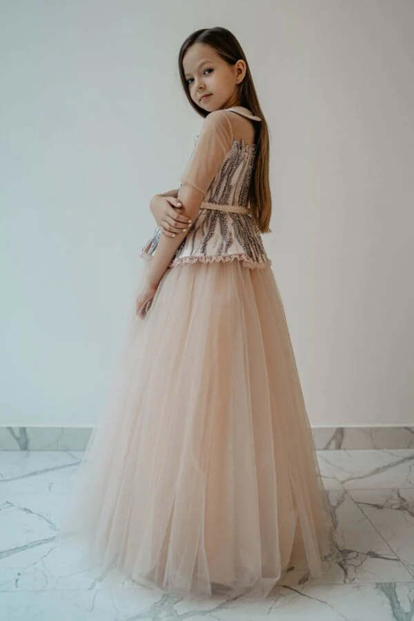 Powder Pink Beaded Plus Size Girl’s Maxi Dress – Amelia Puffy Tulle Gown with Long Sleeves and Matching Hat for Special Occasions - Image 4