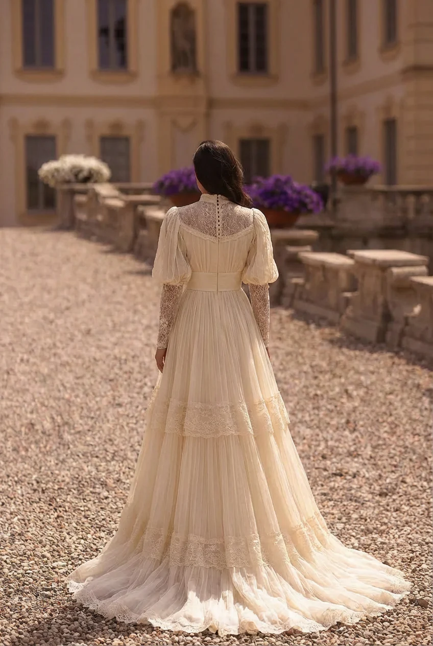 Gunne Sax Inspired Victorian Modest Lace Prom Dress - Modest Yellow Lace Tea Dress Long Sleeve - Image 3