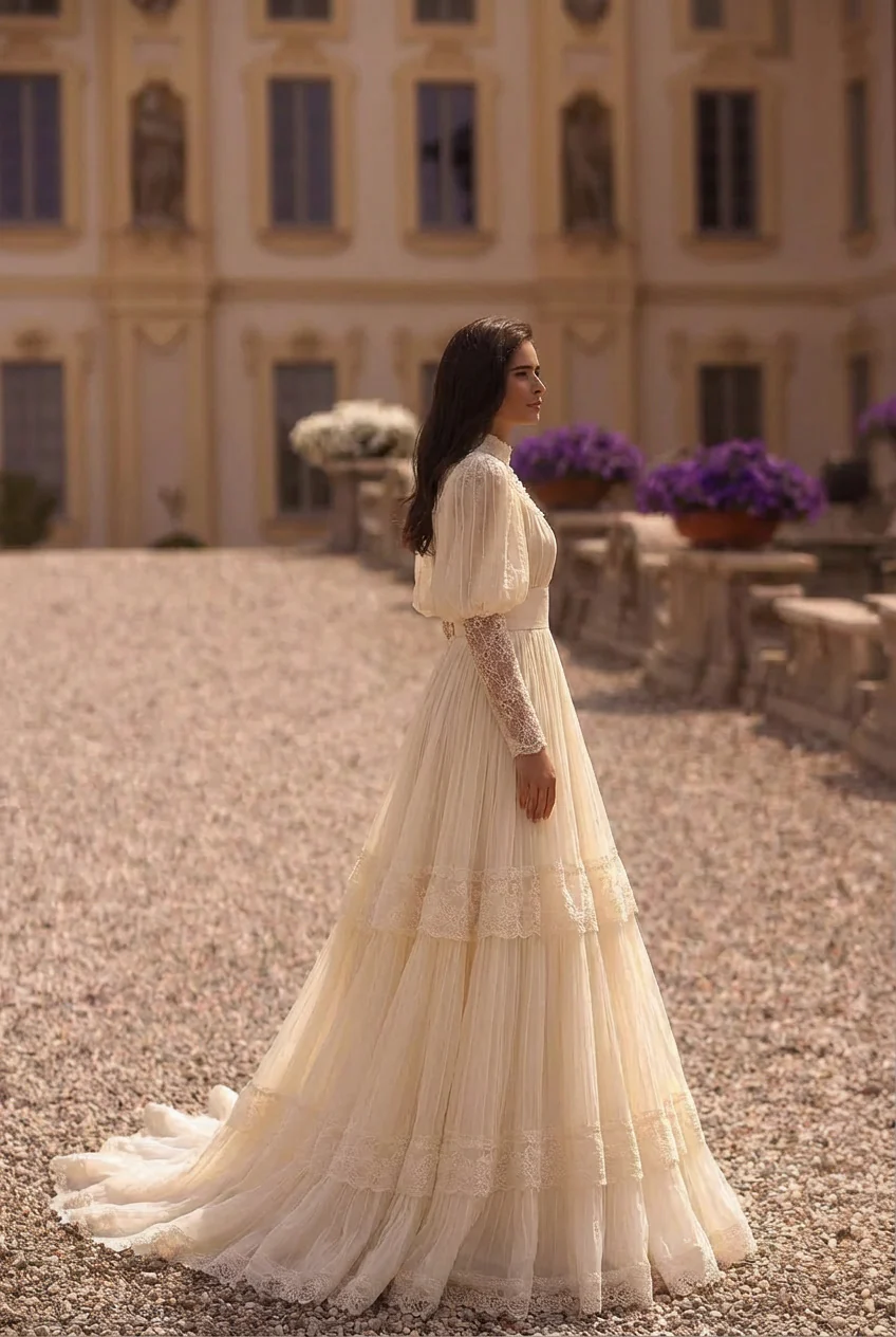 Gunne Sax Inspired Victorian Modest Lace Prom Dress - Modest Yellow Lace Tea Dress Long Sleeve - Image 4