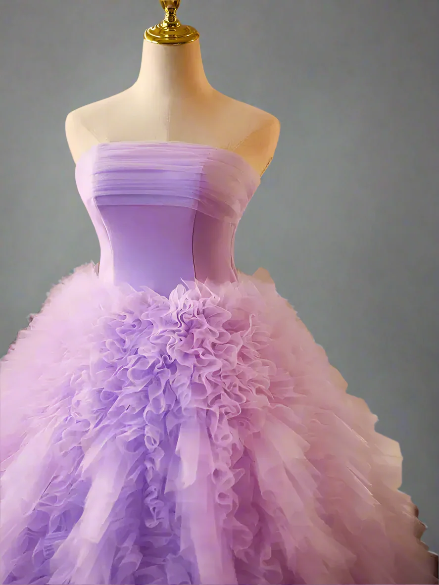 Purple Ball Gown with Layered Tulle Skirt - Corset Tulle Dress with Strapless - Layered Tulle Ruffle Dress Plus Size - Image 4