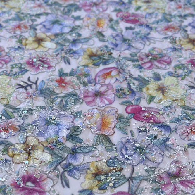 Purple Floral Print Sequin Embroidered Soft Tulle Lace Fabric