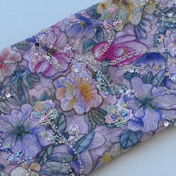 Purple Floral Print Sequin Embroidered Soft Tulle Lace Fabric - Image 2