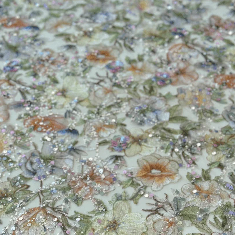 Purple Floral Print Sequin Embroidered Soft Tulle Lace Fabric - Image 4