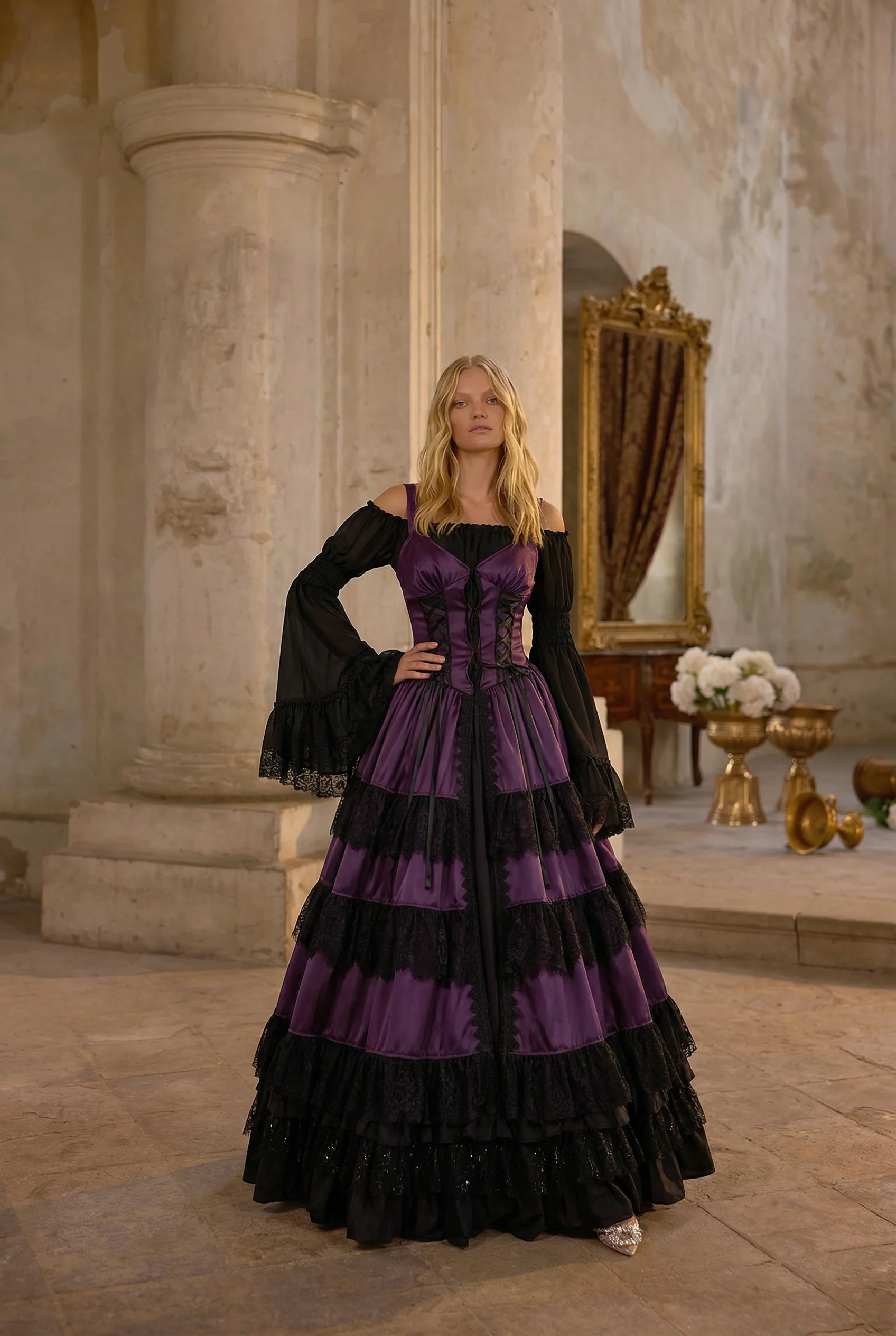 Purple Gothic Lolita Ball Gown - Victorian-Inspired Prom Dress with Lace and Layered Ruffle Dress with Lace Plus Size