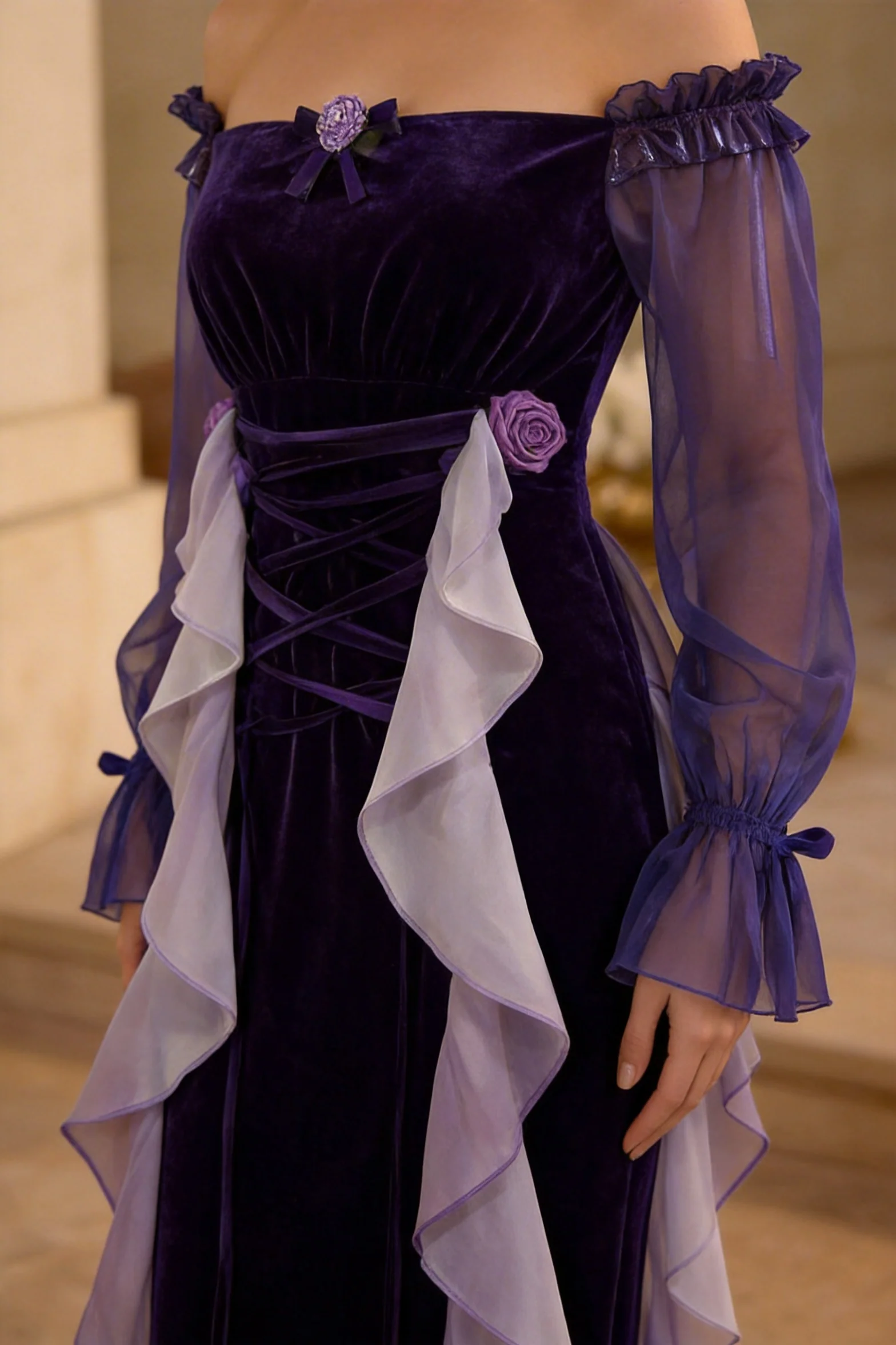 Purple Gothic Velvet Off Shoulder Evening Dress – Plus Size - Image 3