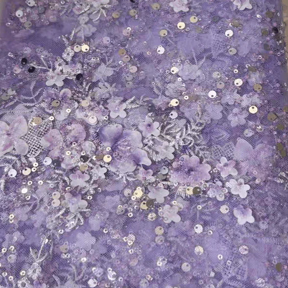 Purple Sequin Floral Jacquard Embroidered Tulle Lace Fabric