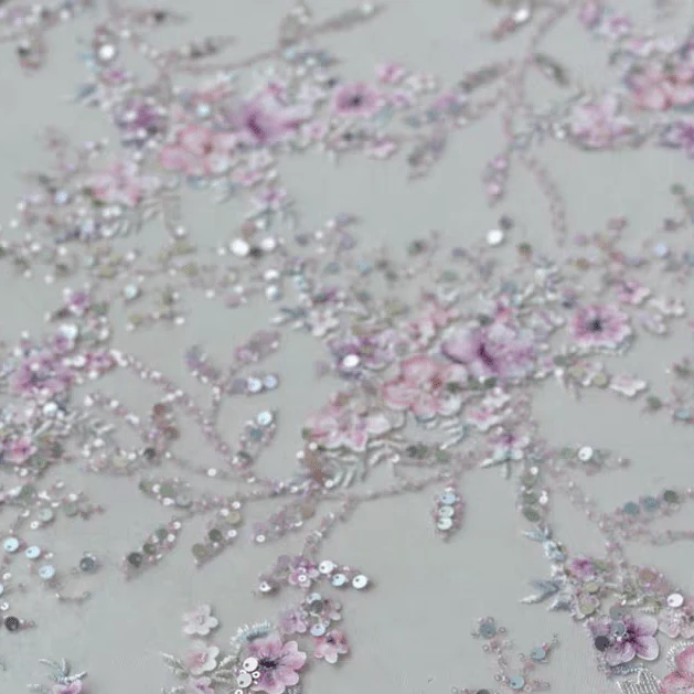 Purple Sequin Floral Jacquard Embroidered Tulle Lace Fabric - Image 2