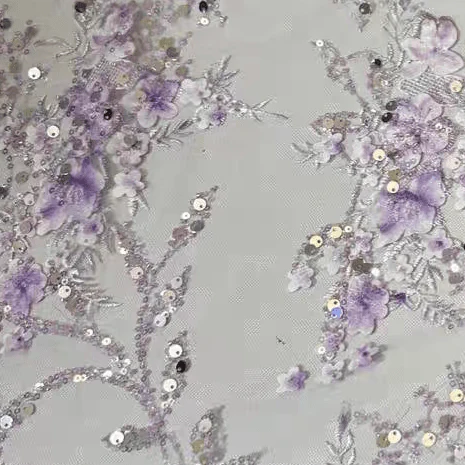 Purple Sequin Floral Jacquard Embroidered Tulle Lace Fabric - Image 3