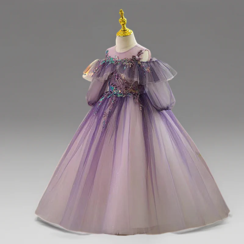 Purple Sequin Tulle Off-Shoulder Flower Girl Dress for Wedding – Plus Size - Image 2