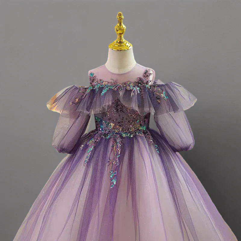 Purple Sequin Tulle Off-Shoulder Flower Girl Dress for Wedding – Plus Size - Image 3