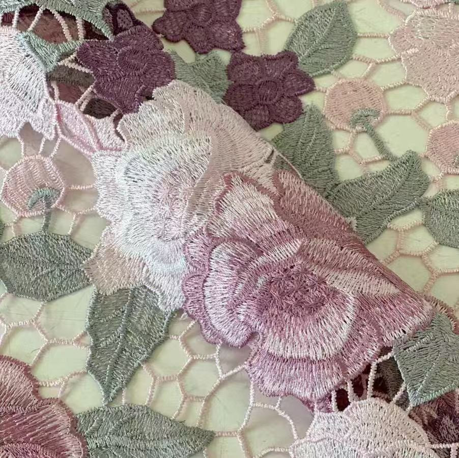 Elegant Purple Sheer Embroidered Lace Fabric with Floral Design - Image 2