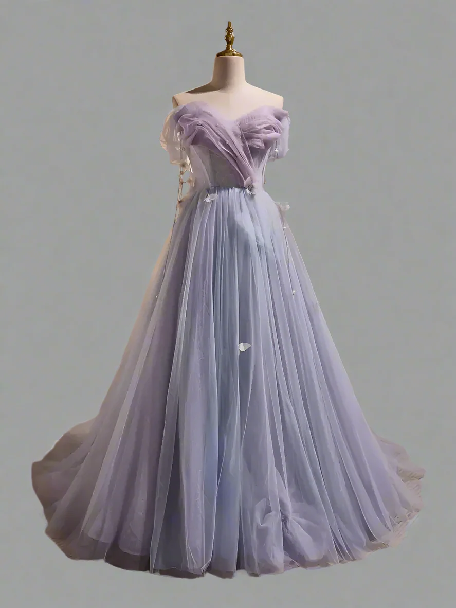 Purple Tulle Ball Gown Evening Dress - A-Line Wedding Gown with Sweetheart Neckline - Elegant Purple Evening Dress Plus Size