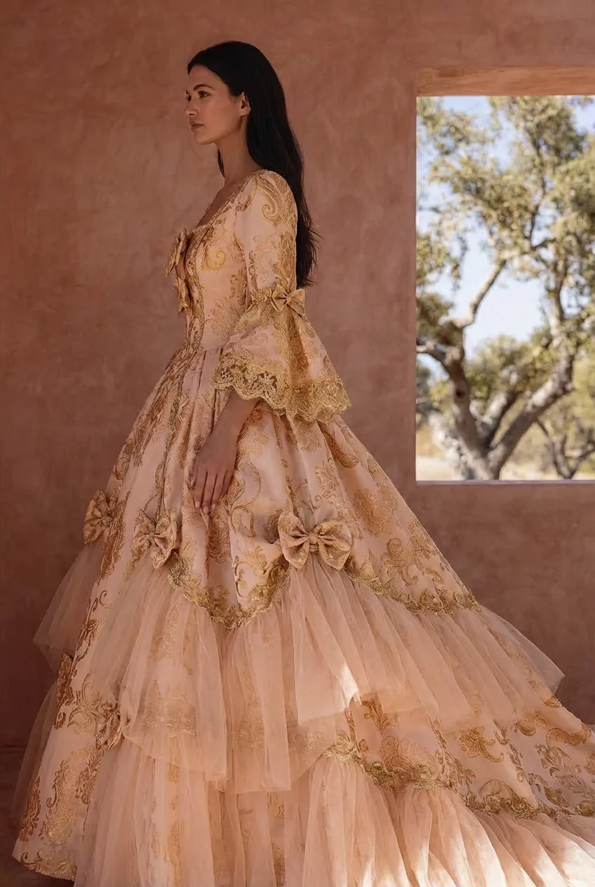 Queen Charlotte Gown European Baroque and Rococo Style Golden Dress with Lace Embroidery - Bridgerton Inspired Plus Size - Image 3