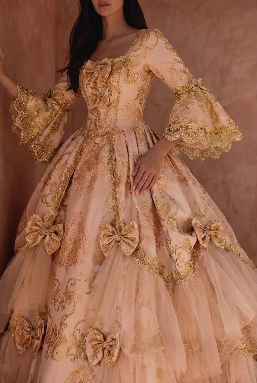 Queen Charlotte Gown European Baroque and Rococo Style Golden Dress with Lace Embroidery - Bridgerton Inspired Plus Size - Image 4