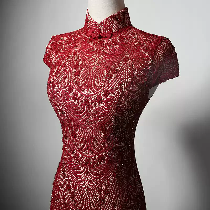 Red Cheongsam Dress with High Neck and Lace – Elegant Mermaid Evening Gown with Back Keyhole Custom Order Plus Size - Image 4