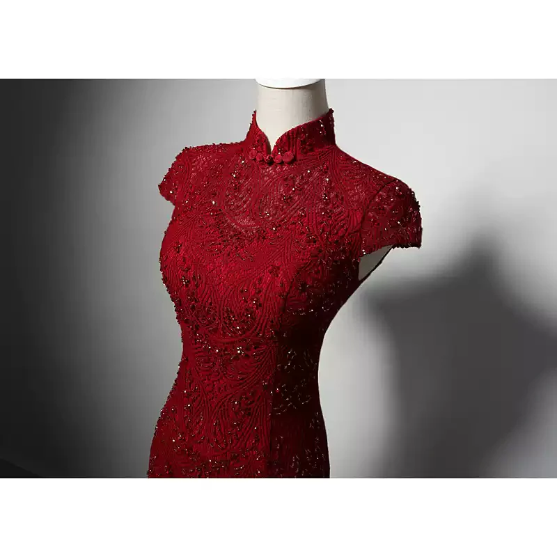 Luxury Red Cheongsam Dress with Lace and Beaded Detailing  – Elegant Red Evening Gown with Cap Sleeves Plus Size - Image 4