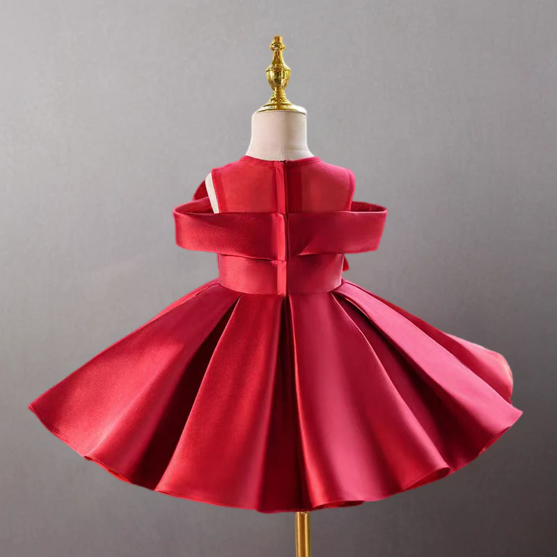 Red Satin Sleeveless Flower Girl Dress with Floral Appliqués for Special Occasion - Plus Size - Image 2