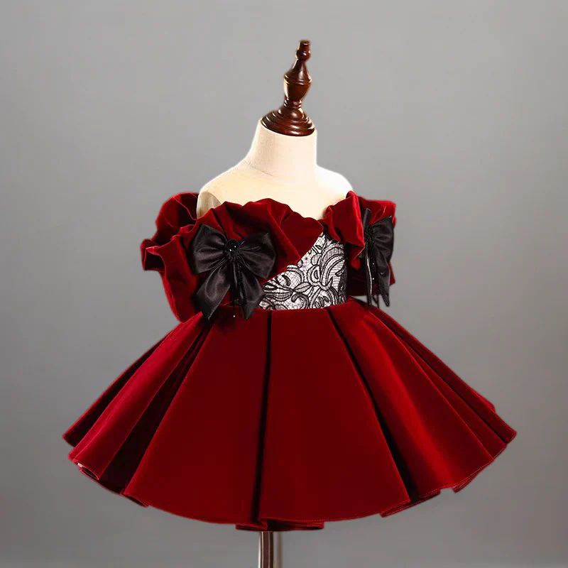 Gothic Red Velvet Long Sleeve Flower Girl Dress with Black Lace and Bow Appliqués for Special Occasion - Plus Size - Image 2