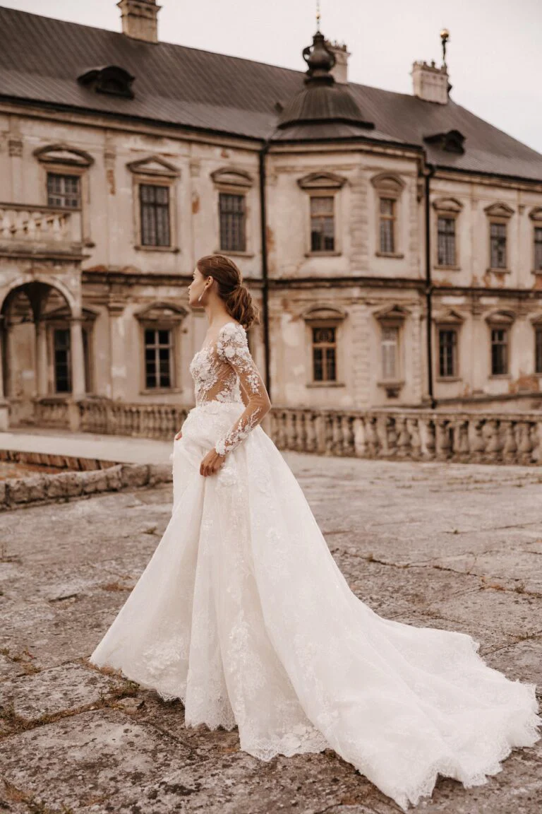 Regal Deep V-Neck A-Line Wedding Dress with 3-D Floral Embroidery and Long Train Plus Size - ANNA - Image 3