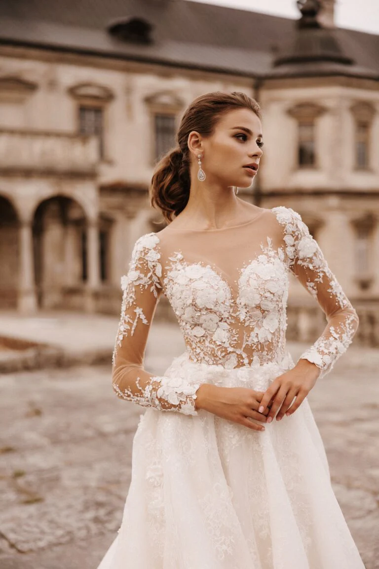 Regal Deep V-Neck A-Line Wedding Dress with 3-D Floral Embroidery and Long Train Plus Size - ANNA - Image 4