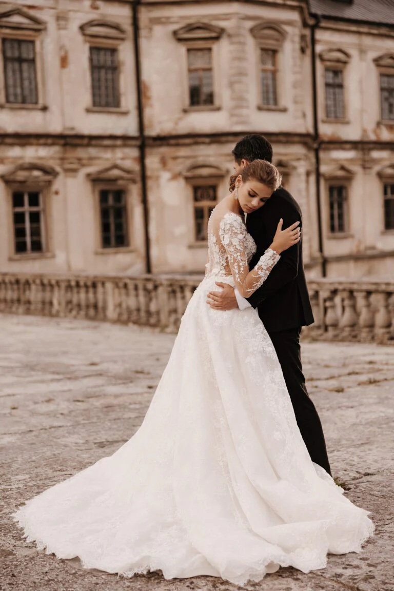 Regal Deep V-Neck A-Line Wedding Dress with 3-D Floral Embroidery and Long Train Plus Size - ANNA - Image 7
