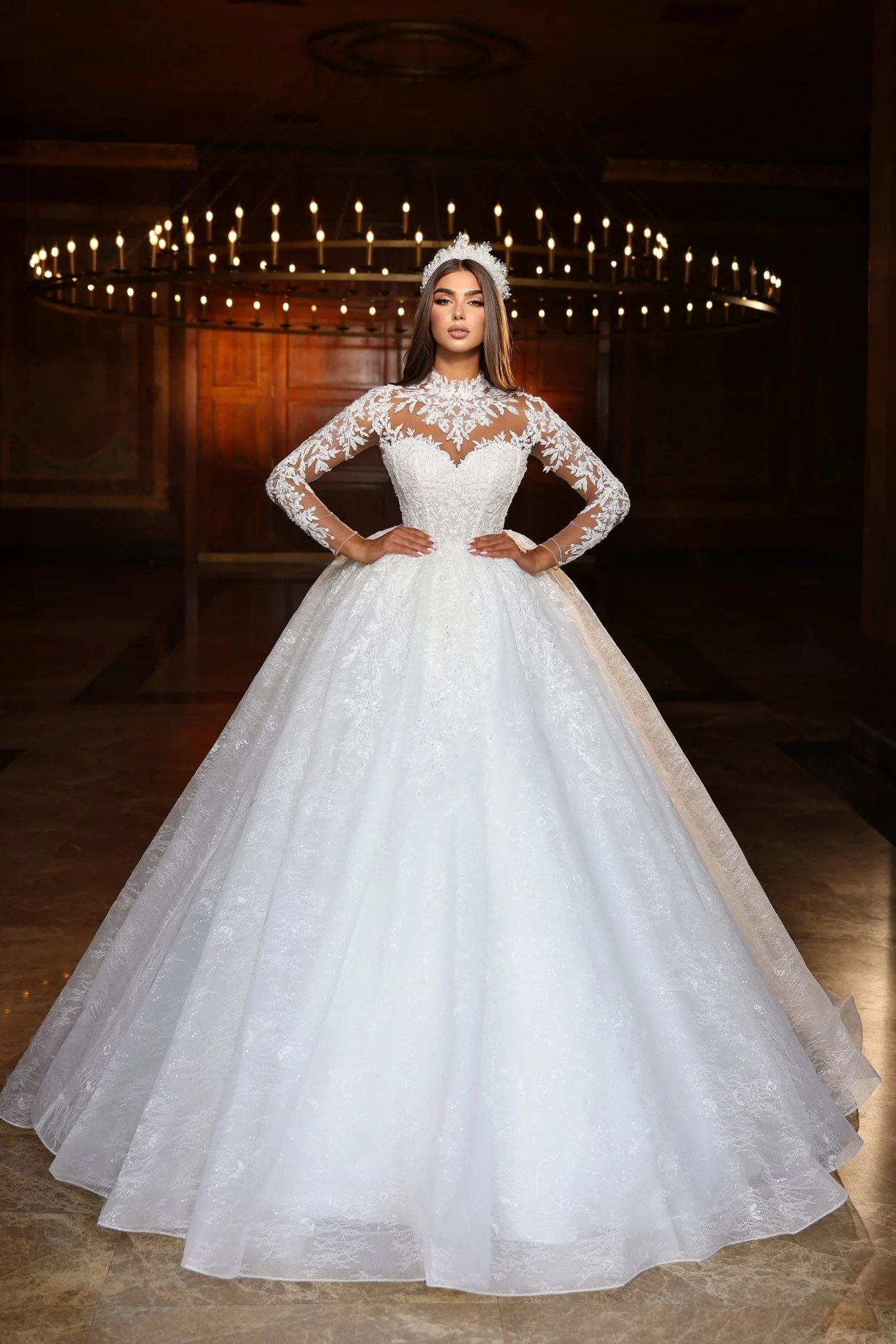 Regal High Neck Lace Wedding Dress With Lace Long Sleeve Plus Size