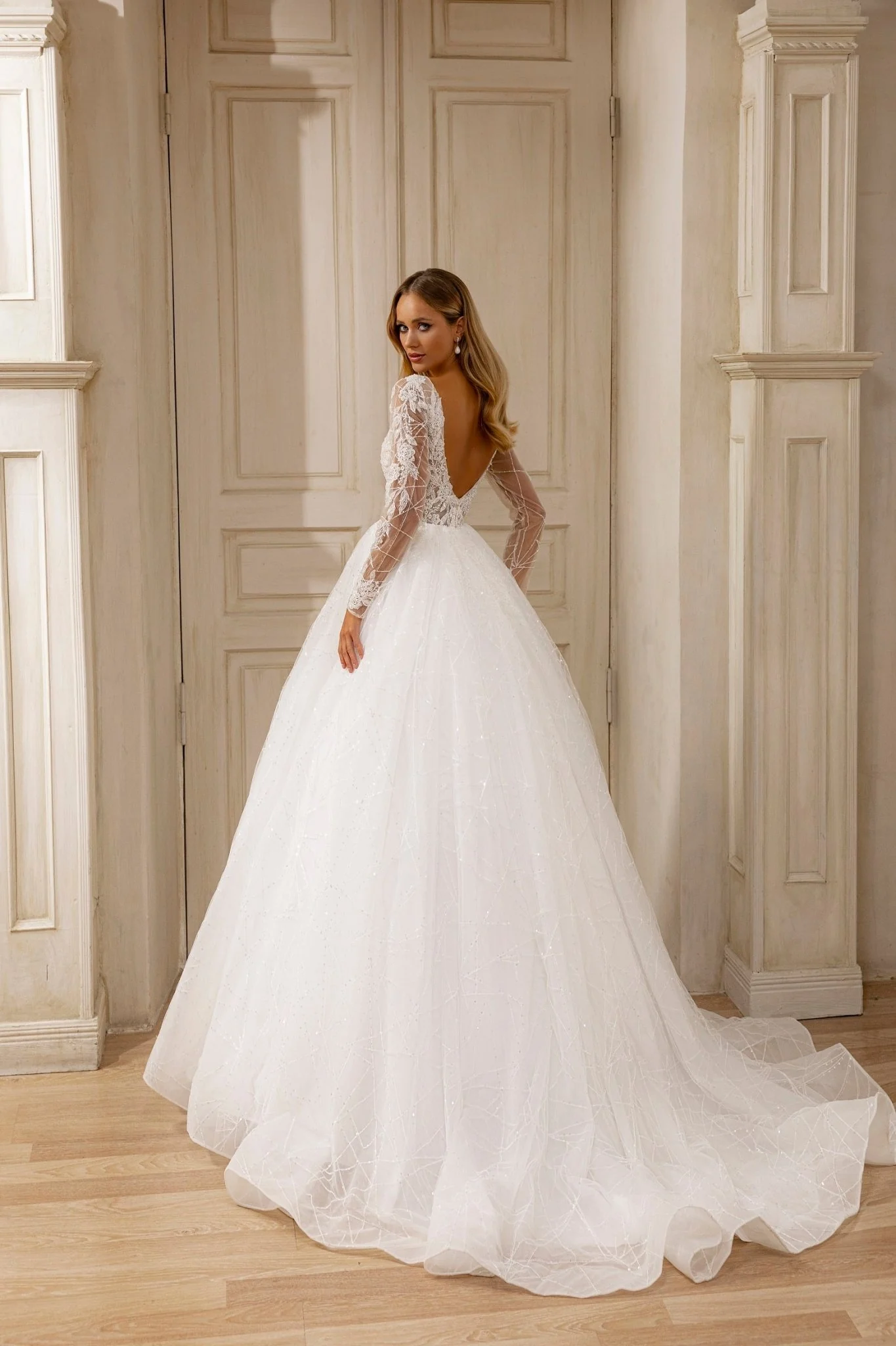 Regal Princess-Inspired A-Line Wedding Gown with Sequined Lace and Sheer Sleeves Plus Size - Image 2