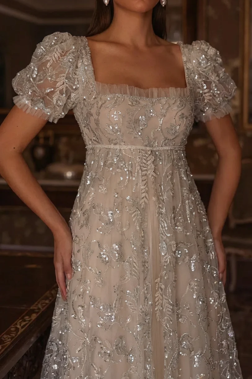 Regency Era Champagne Empire Waist Dress – Sequin Embellished Puff Sleeve Gown Plus Size - Image 3
