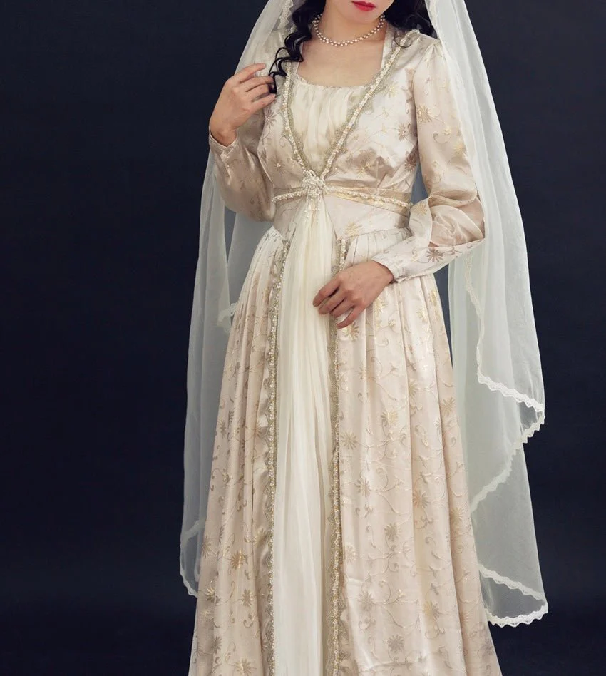 Regency Era Champagne Gold Embroidered Empire Waist Gown – Bridgerton Inspired Long Sleeve Vintage Dress Plus Size - Image 10