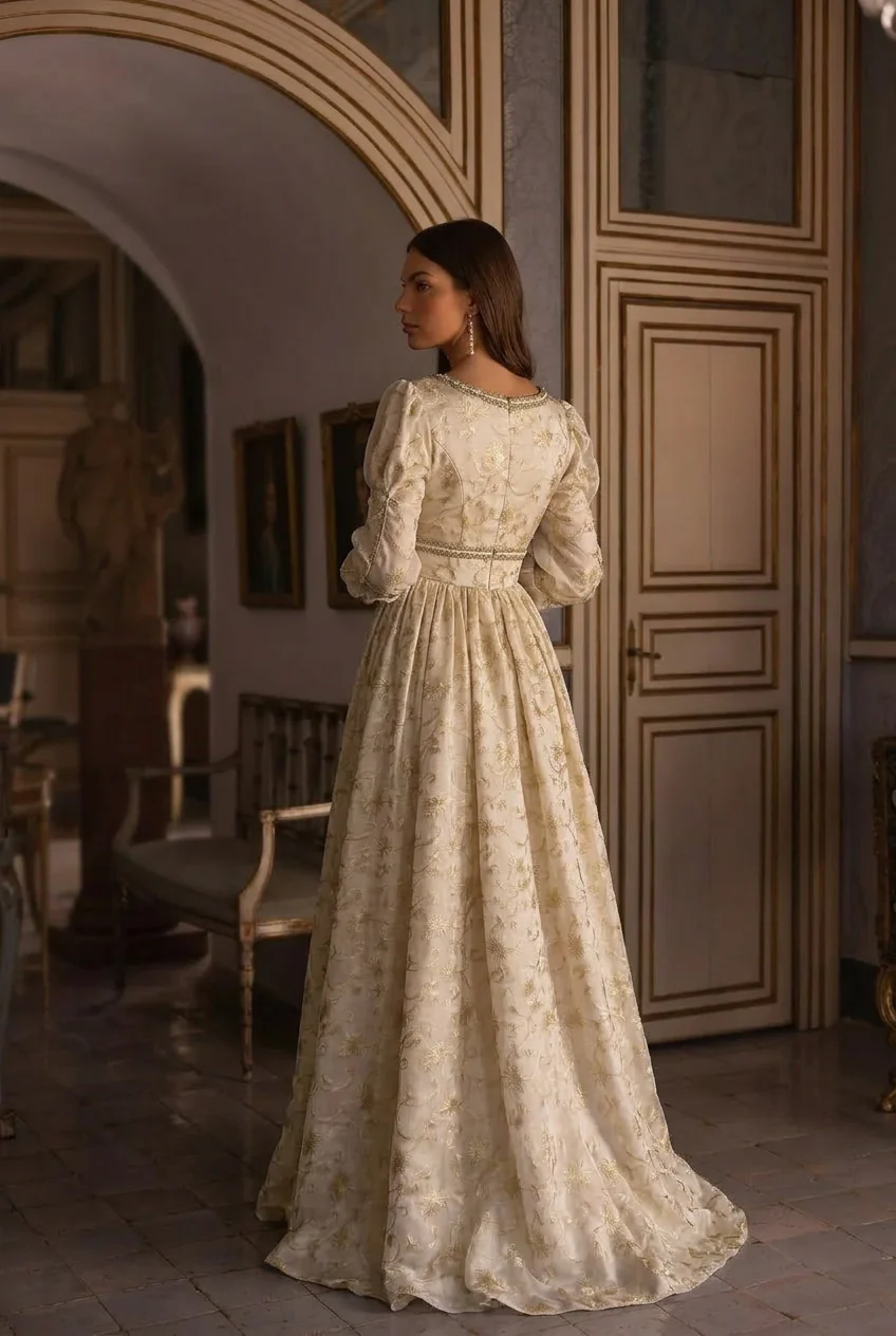 Regency Era Champagne Gold Embroidered Empire Waist Gown – Bridgerton Inspired Long Sleeve Vintage Dress Plus Size - Image 3