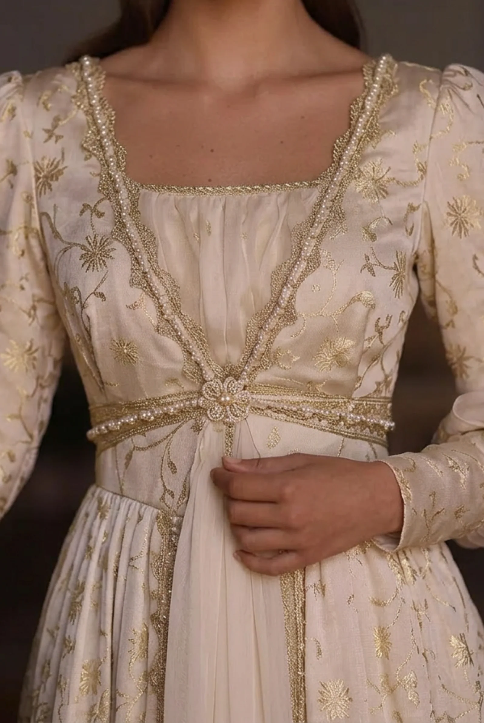 Regency Era Champagne Gold Embroidered Empire Waist Gown – Bridgerton Inspired Long Sleeve Vintage Dress Plus Size - Image 4