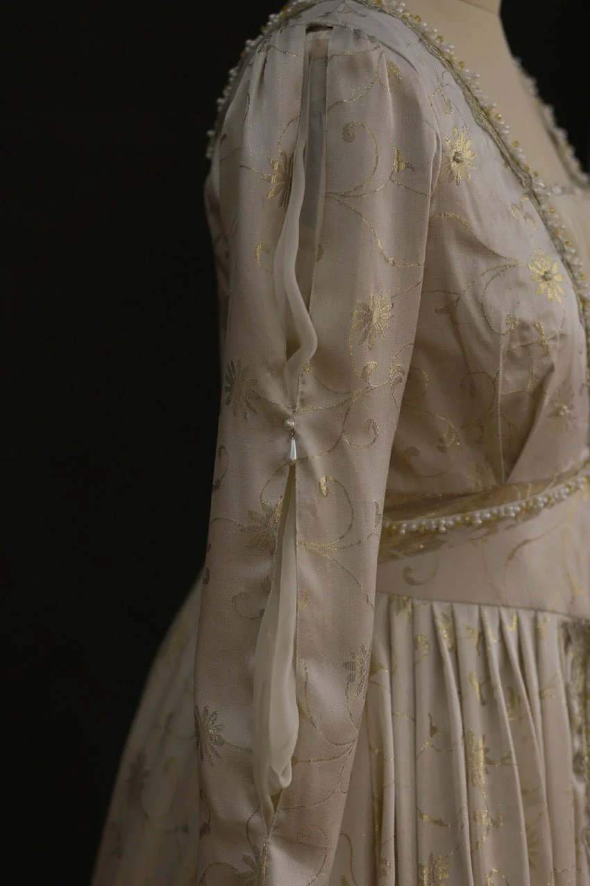Regency Era Champagne Gold Embroidered Empire Waist Gown – Bridgerton Inspired Long Sleeve Vintage Dress Plus Size - Image 9