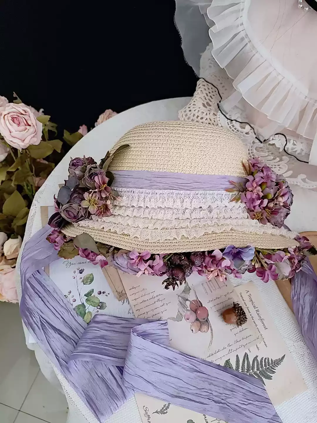 Regency Era Inspired Bonnet with Floral Accents - Purple Bonnet with Lavender Ribbon - Image 2