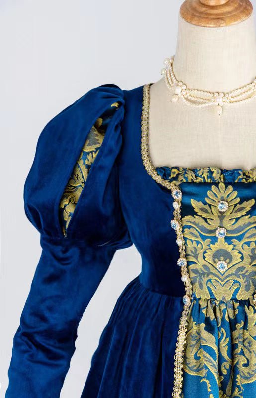 Regency Era Queen Dress - Renaissance Sapphire Velvet Jacquard Ball Gown Costume - Plus Size - Image 8