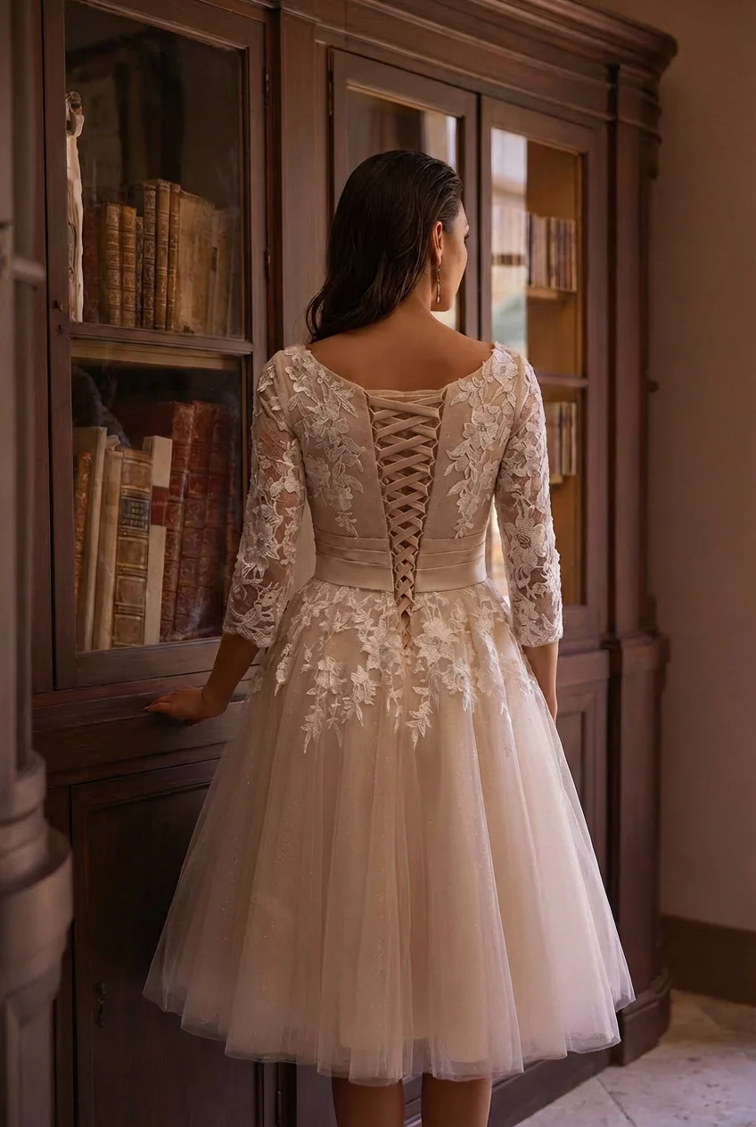 Retro 50s Modest Tea Length Short Lace Wedding Dress - Image 3