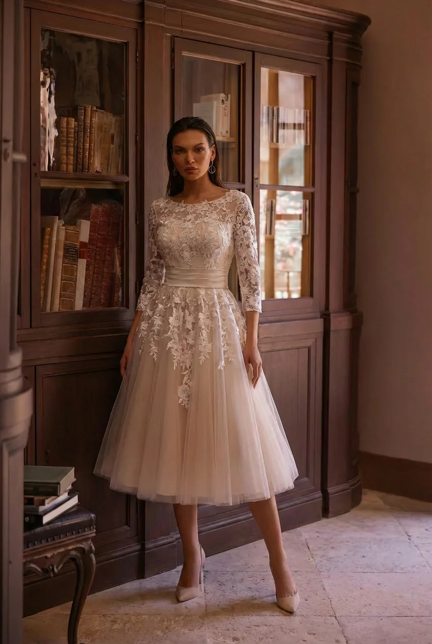 Retro 50s Modest Tea Length Short Lace Wedding Dress - Image 4