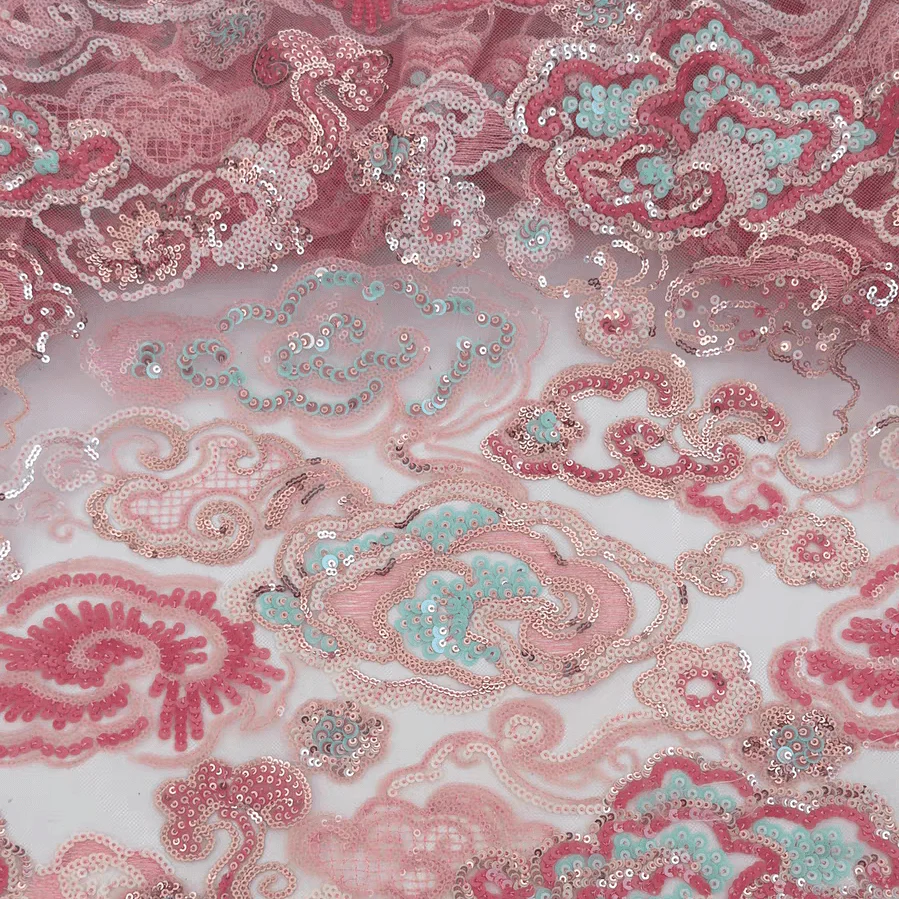 Romantic Blush Pink Floral Embroidered Tulle with Sequins Fabric