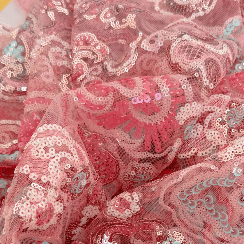 Romantic Blush Pink Floral Embroidered Tulle with Sequins Fabric - Image 2