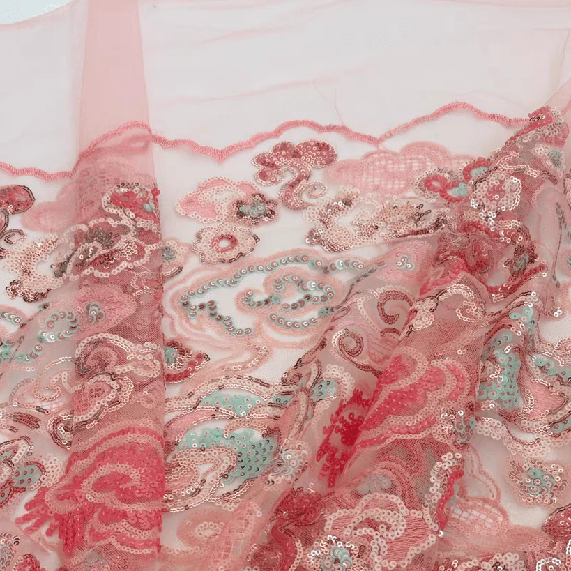 Romantic Blush Pink Floral Embroidered Tulle with Sequins Fabric - Image 3