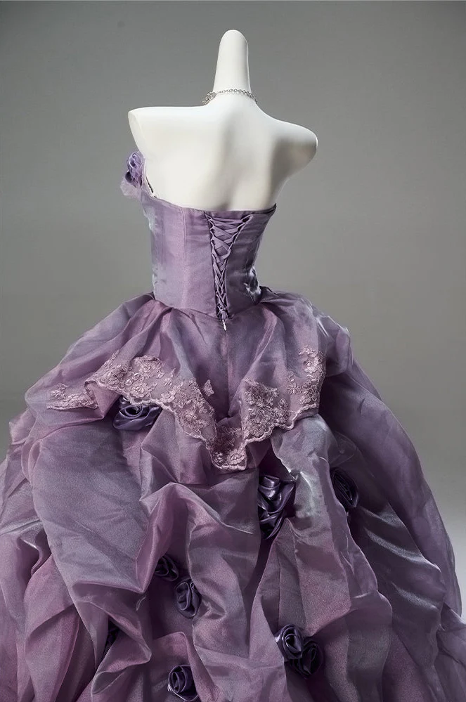Romantic Lavender Purple Tiered Gown with Floral Appliqué – Strapless Evening Dress with Corset Back and Lace Plus Size - Image 5