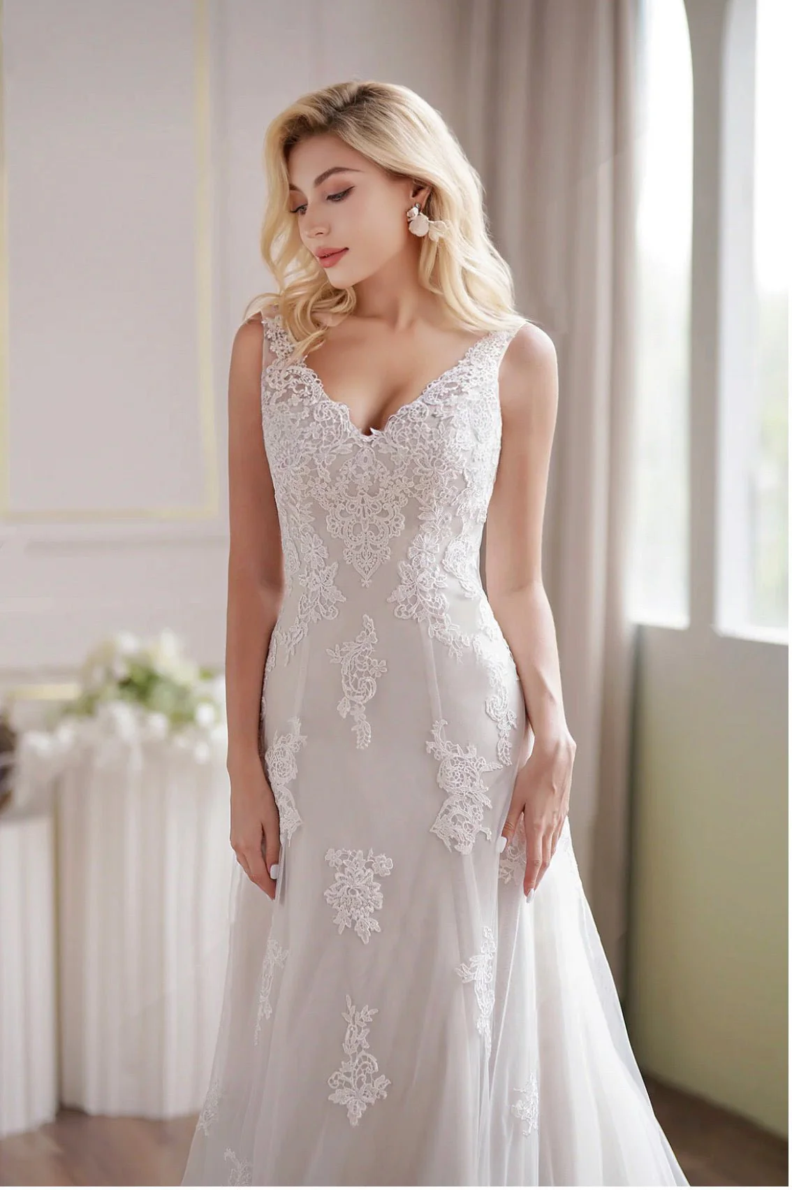 Romantic Strap V-Neck Fit & Flare Lace Embroidery Straps Sleeveless Wedding Dress - Plus Size - Image 3