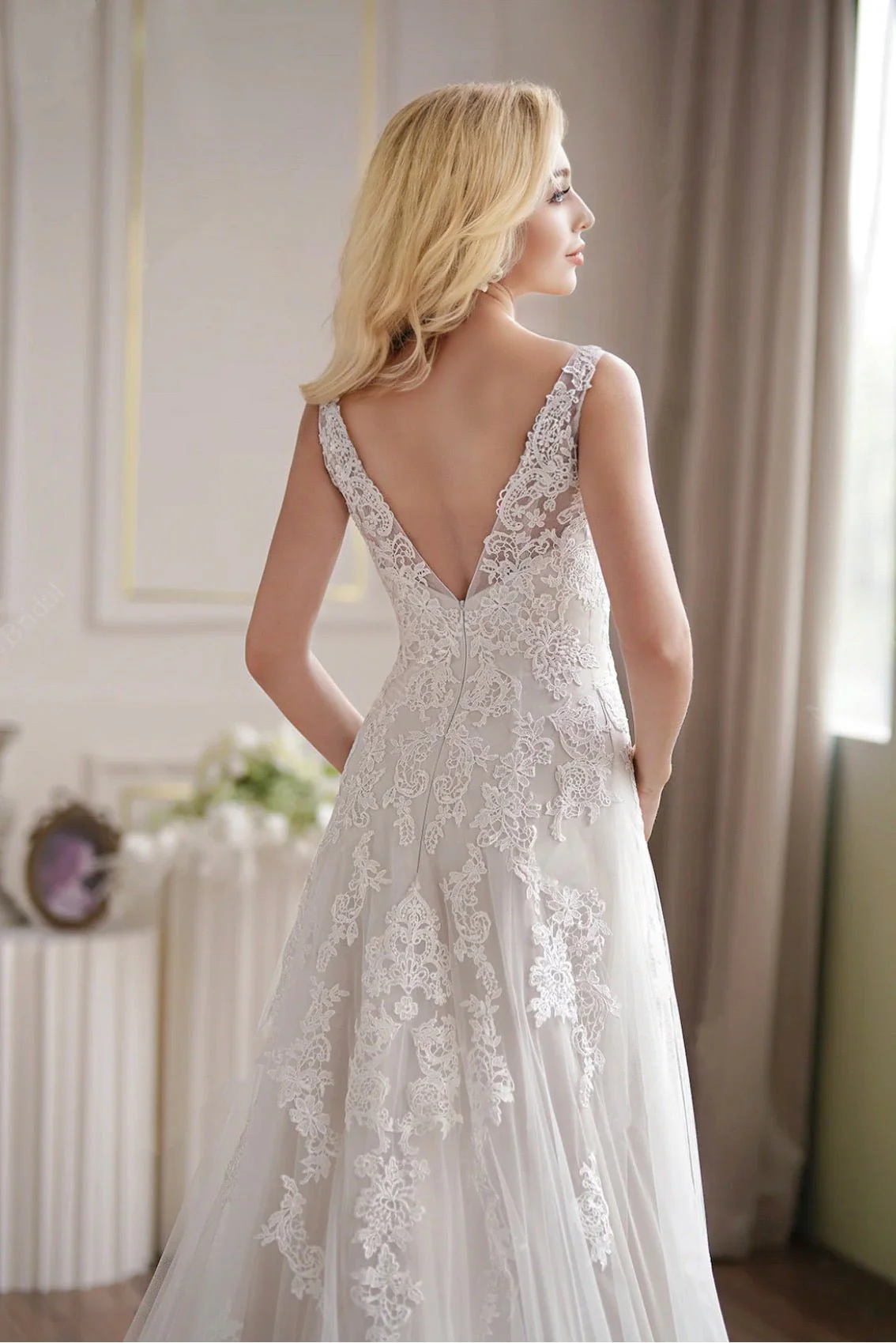 Romantic Strap V-Neck Fit & Flare Lace Embroidery Straps Sleeveless Wedding Dress - Plus Size - Image 5