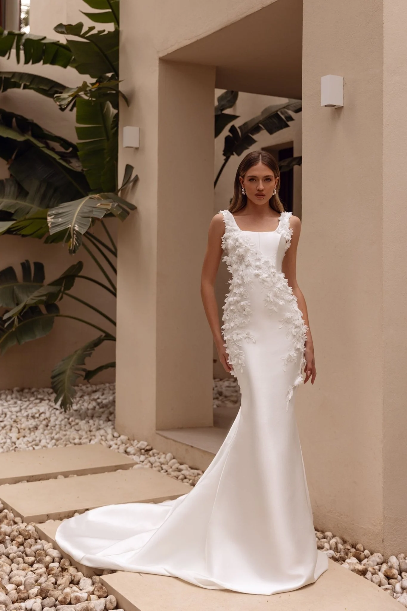 White Floral Appliqué Mermaid Wedding Dress with Square Neckline and Floor-Length Train - Plus Size-Rosarito