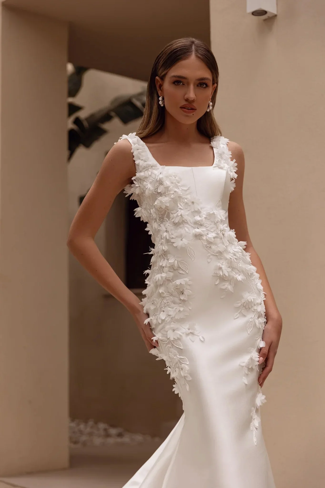 White Floral Appliqué Mermaid Wedding Dress with Square Neckline and Floor-Length Train - Plus Size-Rosarito - Image 2