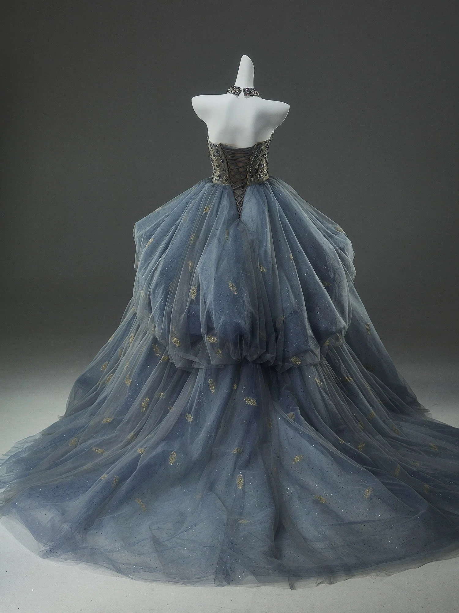 Royal Blue Prom Dress with Tulle Skirt - Golden Corset Back Wedding Dress Plus Size - Image 3
