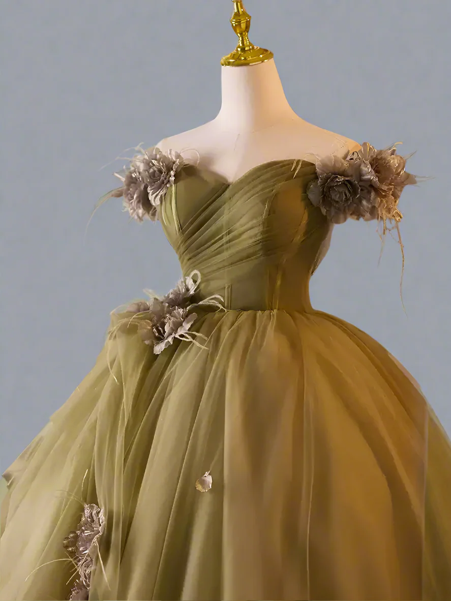 Sage Green Ball Gown -  Off-the-Shoulder Ball Gown with Flower Accessories - Wedding Dress with Sweetheart Neckline and Corset Back Plus Size - Image 5