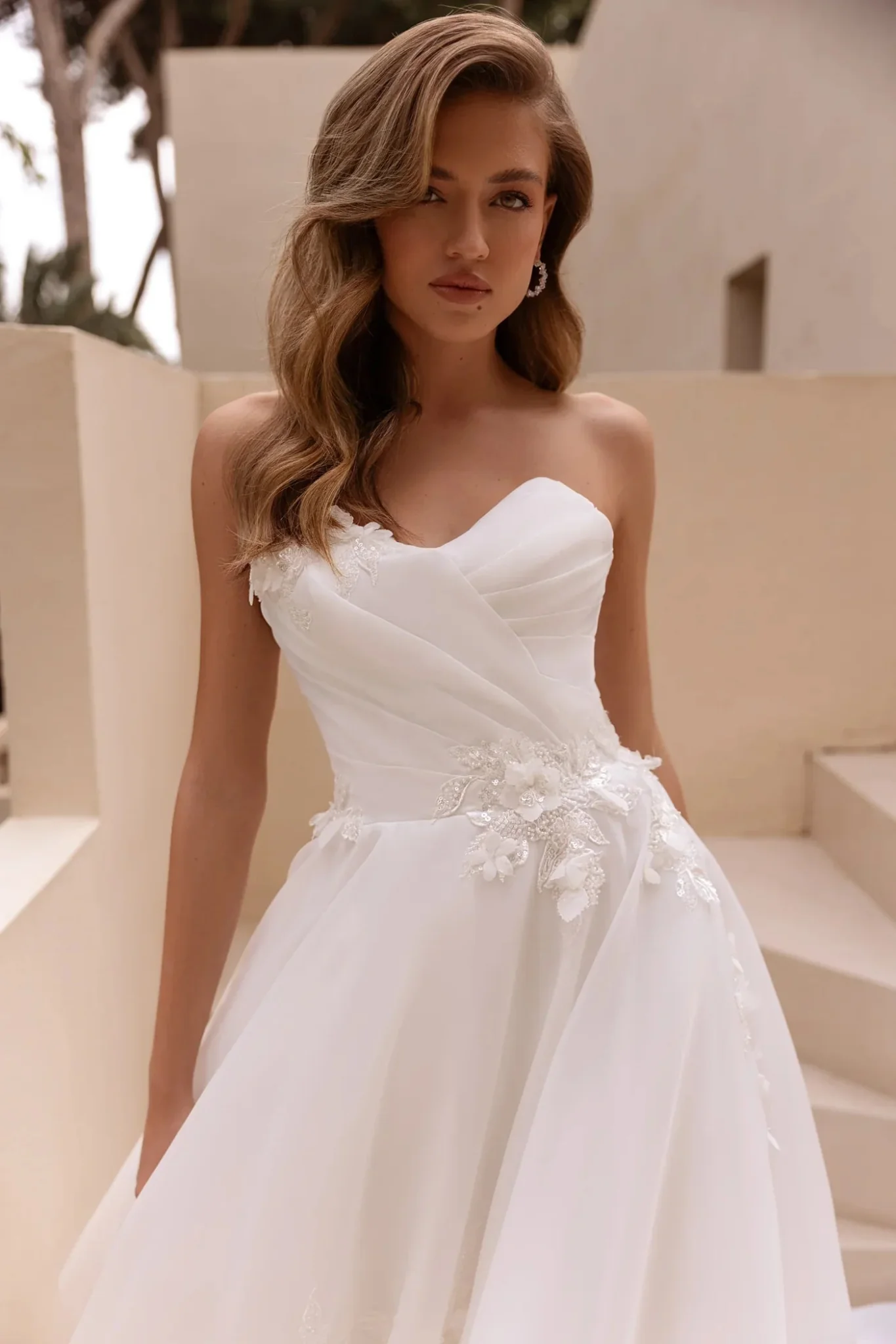 White Strapless A-Line Wedding Dress with Floral Appliqués and Floor-Length Train - Plus Size-Sahir - Image 2