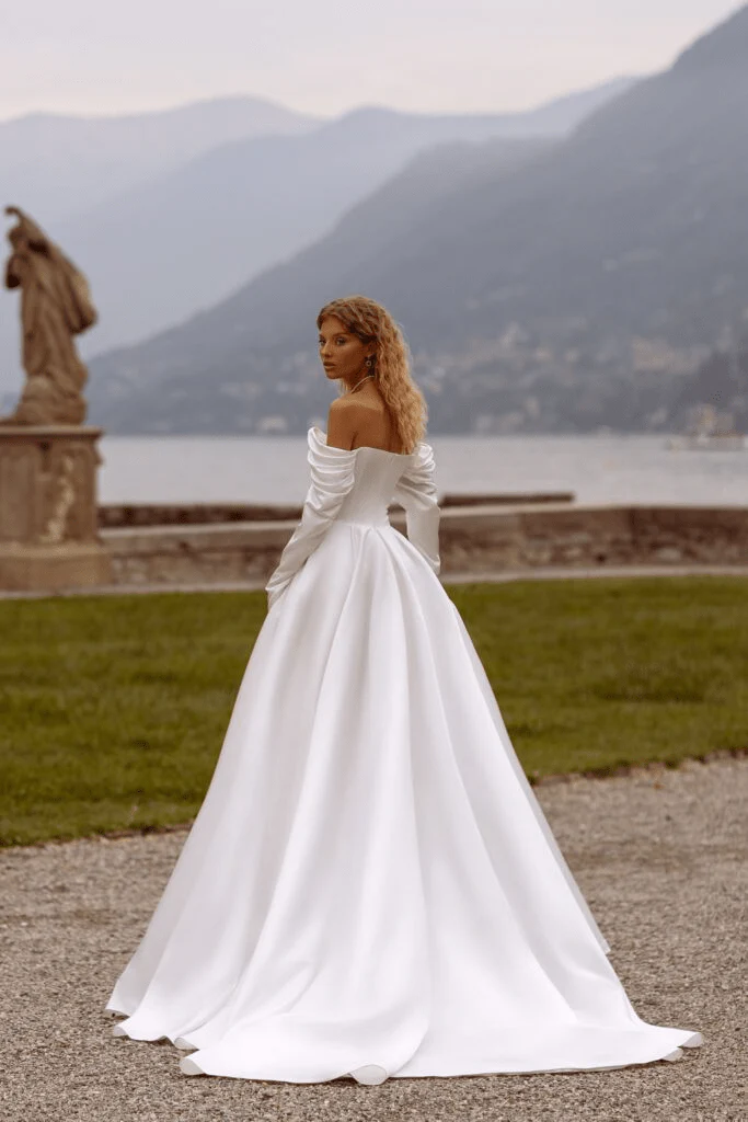 Satin Wedding Dress - Off Shoulder Wedding Dress with High Slit - Long Sleeves Wedding Gown Plus Size - Image 2